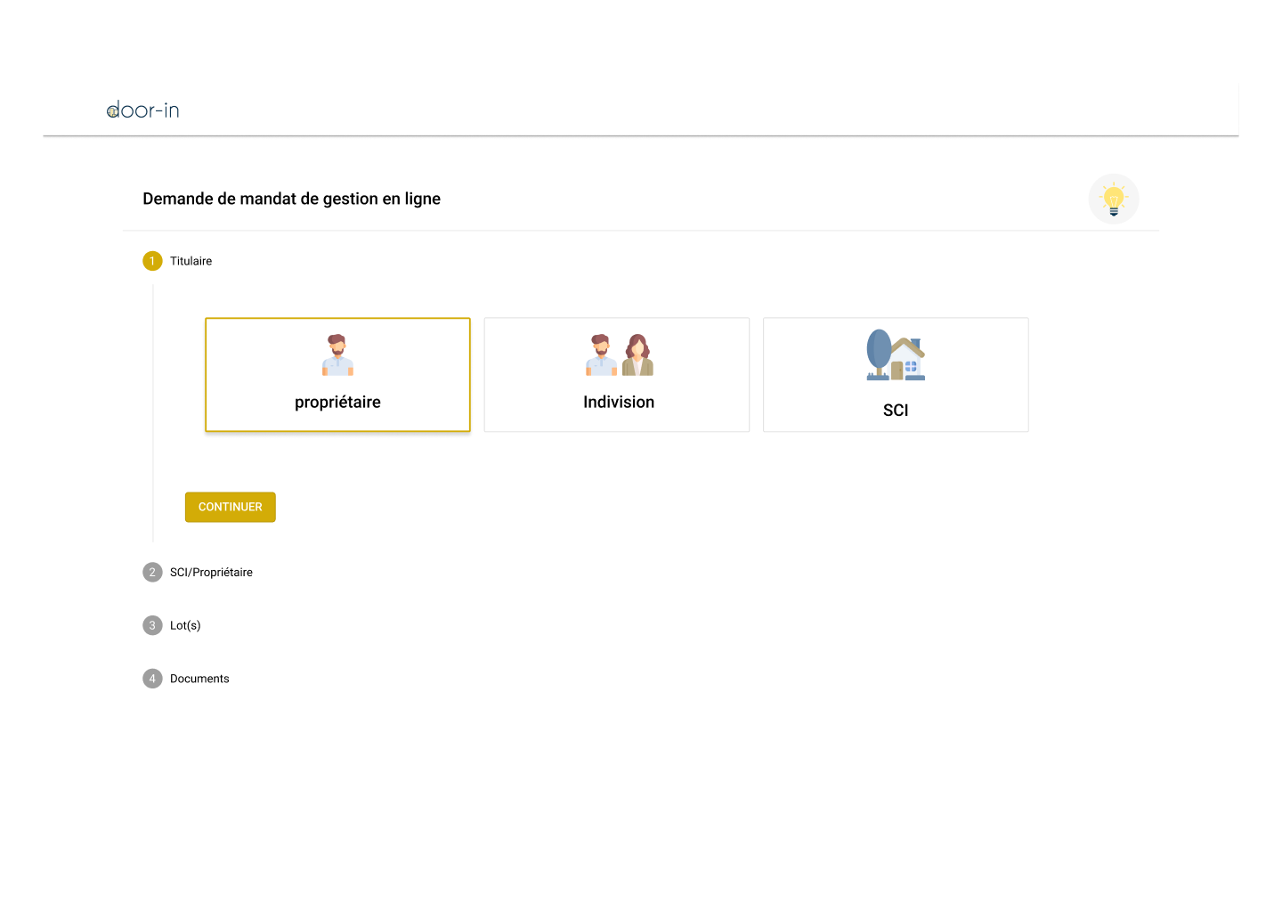 Online form titled 'Demande de mandat de gestion en ligne' with three selectable owner types: propriétaire (selected), Indivision, and SCI, and a gold 'CONTINUER' button.