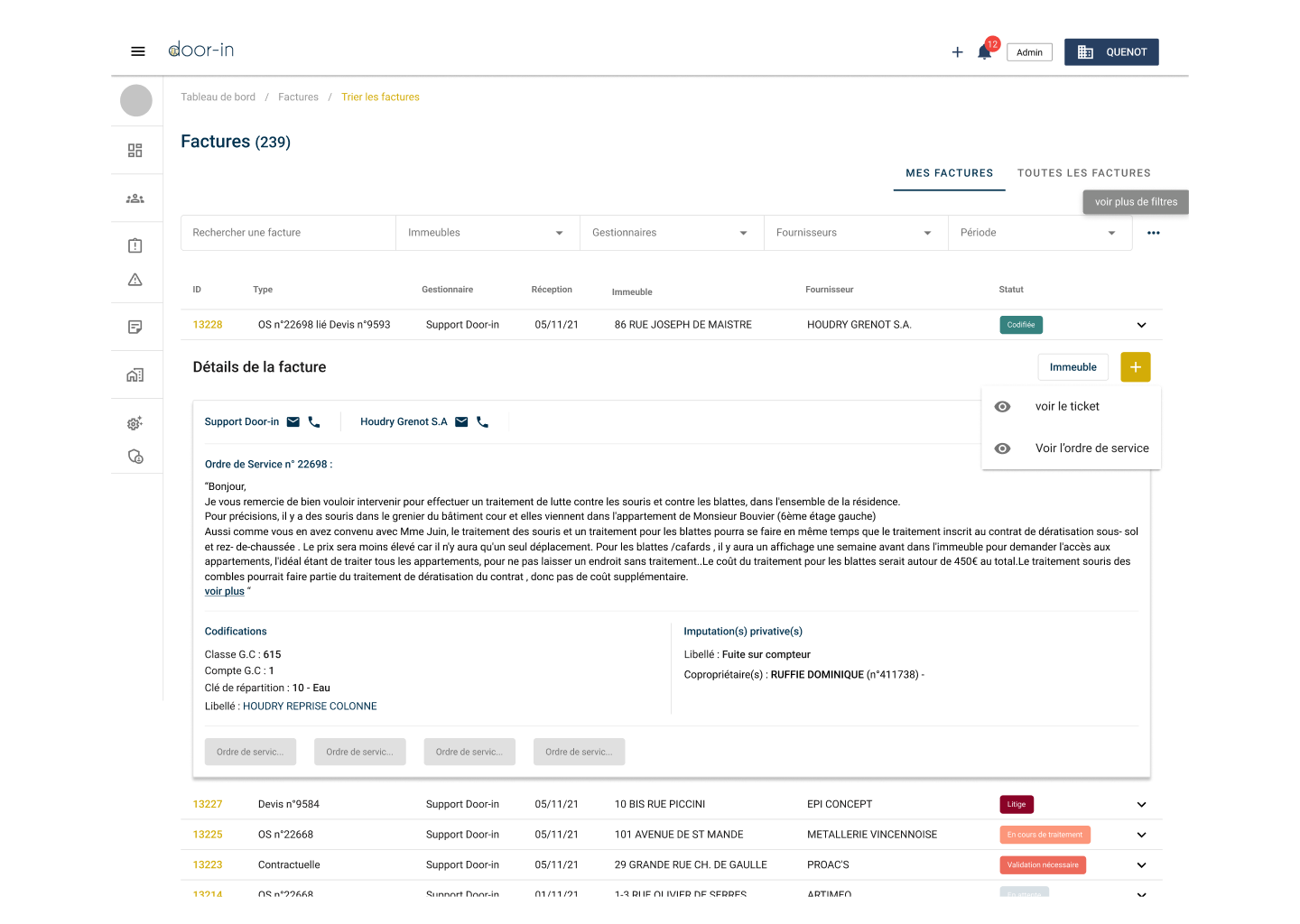 User interface of a French invoice management system showing invoice details, filters, and status labels for various invoices.