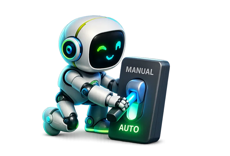 Switch, la mascota de Yocoya, cambiando un interruptor de MANUAL a AUTO