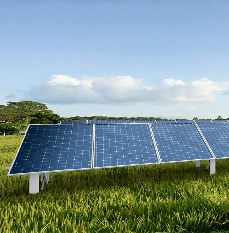 Solar panels installed in a green field under a blue sky. The panels are arranged in rows, surrounded by tall grass and distant mountains.