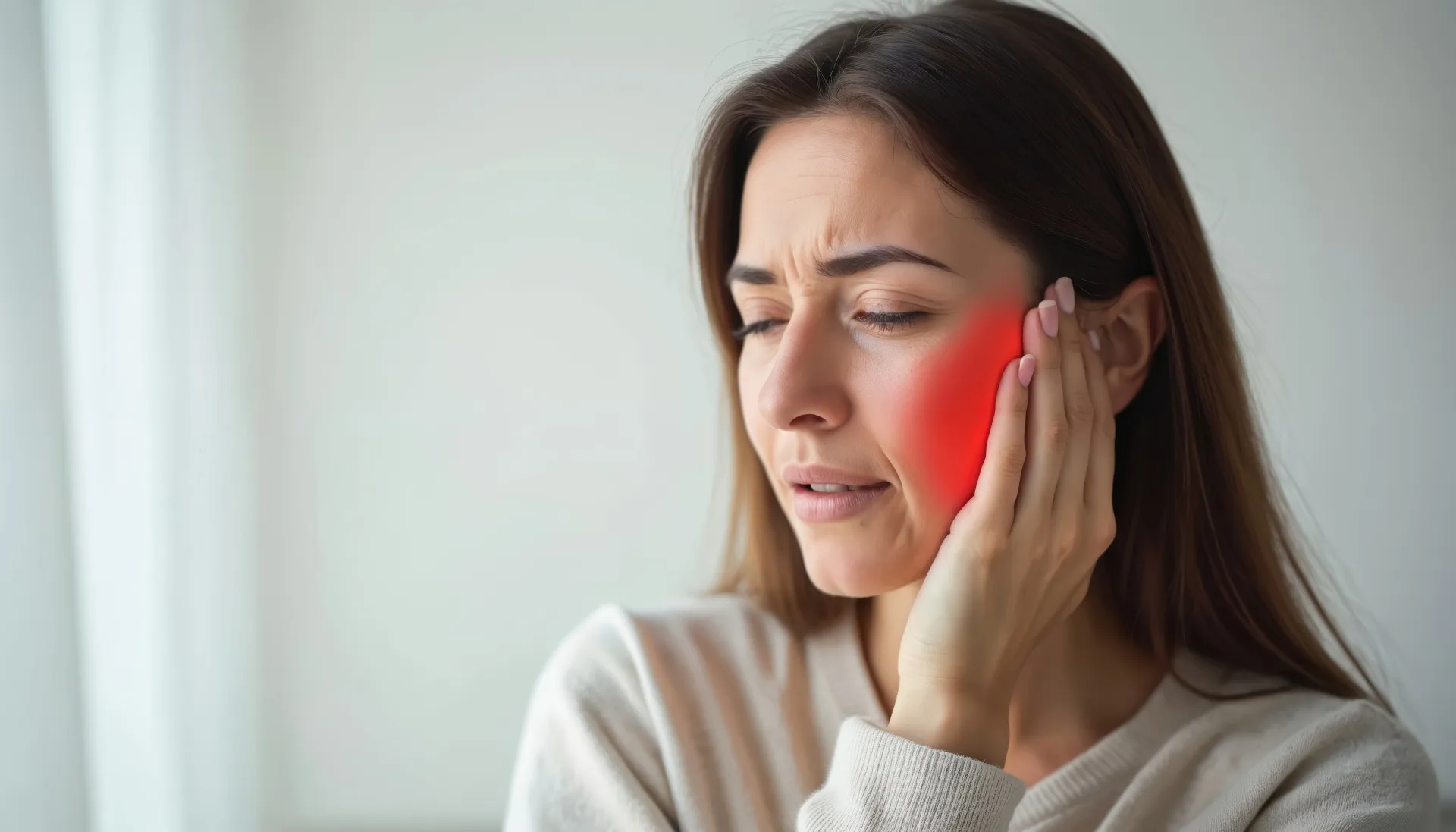 Woman in white sweater touching her cheek with a pained expression and a red highlight indicating tooth or jaw pain.