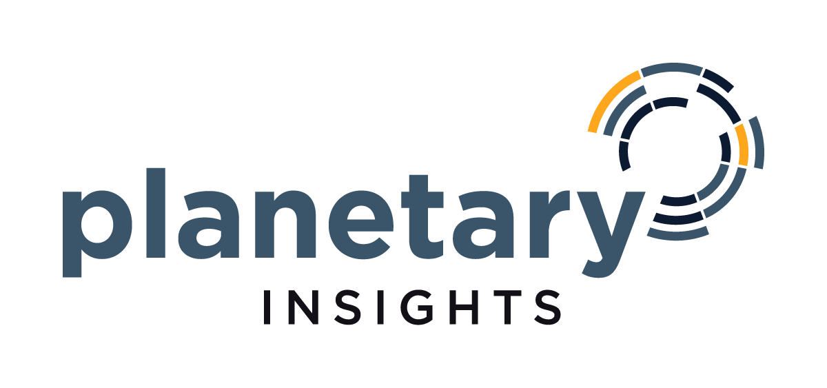 "planetary insights" logo with a stylized circular design featuring segmented arcs in dark blue and orange to the upper right.