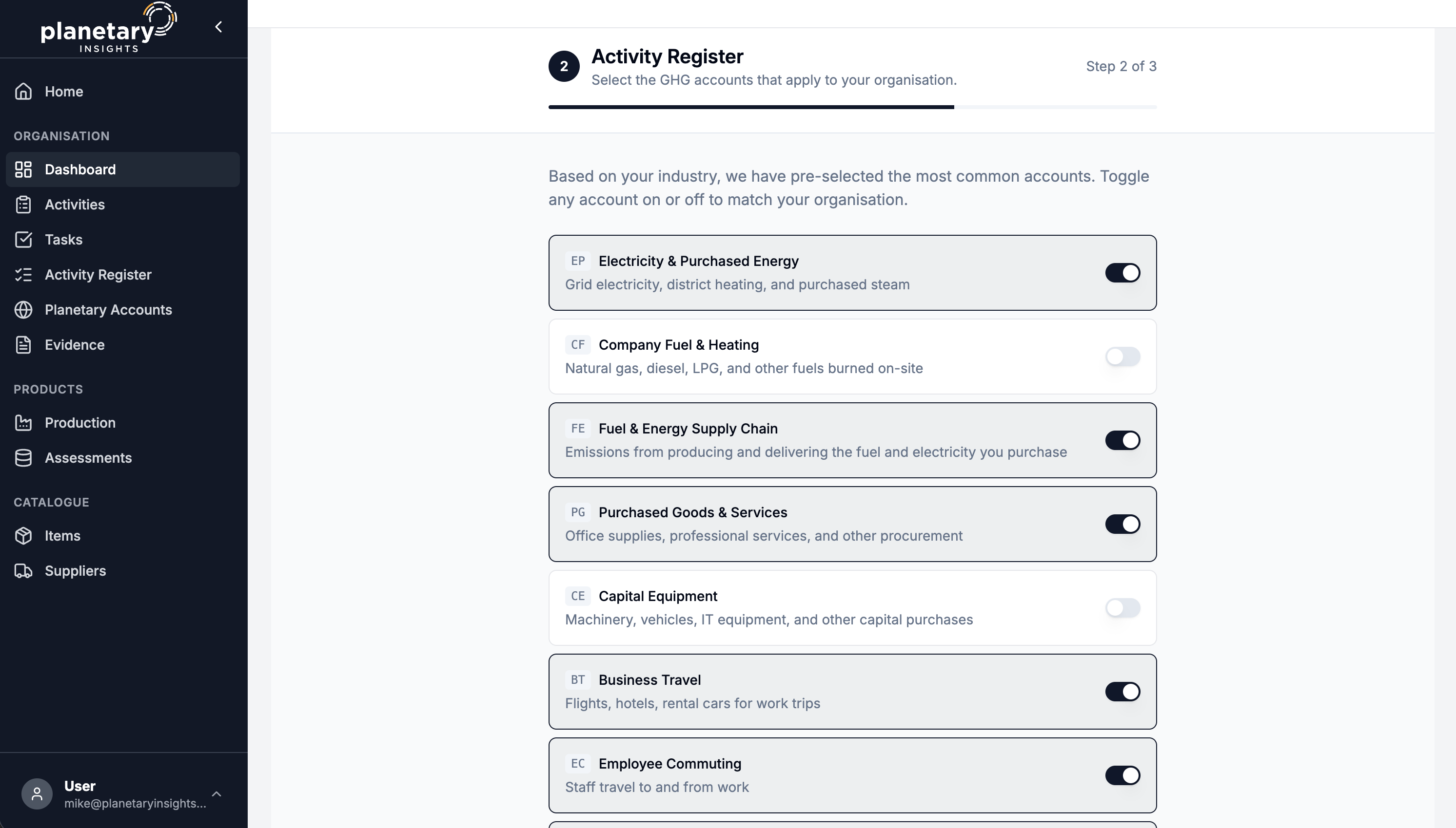 Screenshot of Planetary Insights dashboard showing Activity Register step with toggles for various GHG accounts like Electricity & Purchased Energy, Fuel & Energy Supply Chain, Purchased Goods & Services, Business Travel, and Employee Commuting.