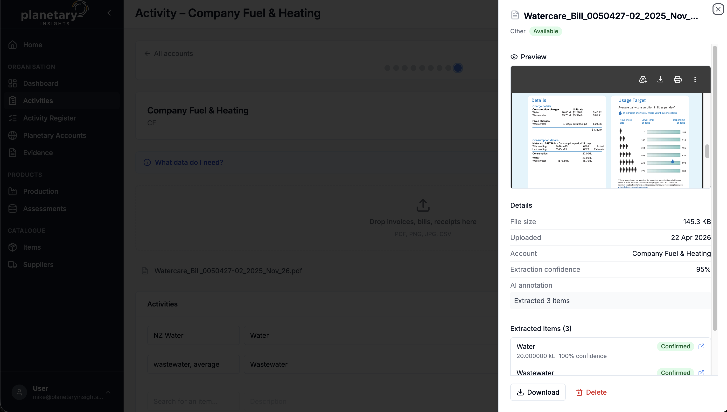 Screenshot of Planetary Insights platform showing an uploaded Watercare bill PDF with details on water consumption and usage targets.