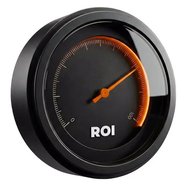 Ein schwarzer Rundmesser zeigt den ROI-Wert auf einer Skala von 0 bis 100 mit einem orangefarbenen Zeiger an, der ungefähr bei 80 steht.