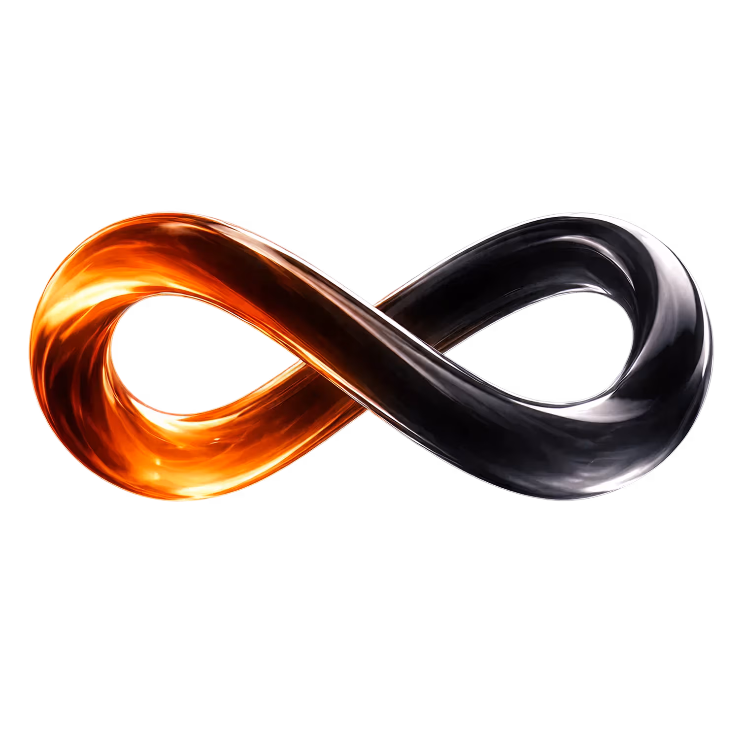 Unendlichkeitssymbol in metallic-orange und -schwarz mit glänzender Oberfläche.