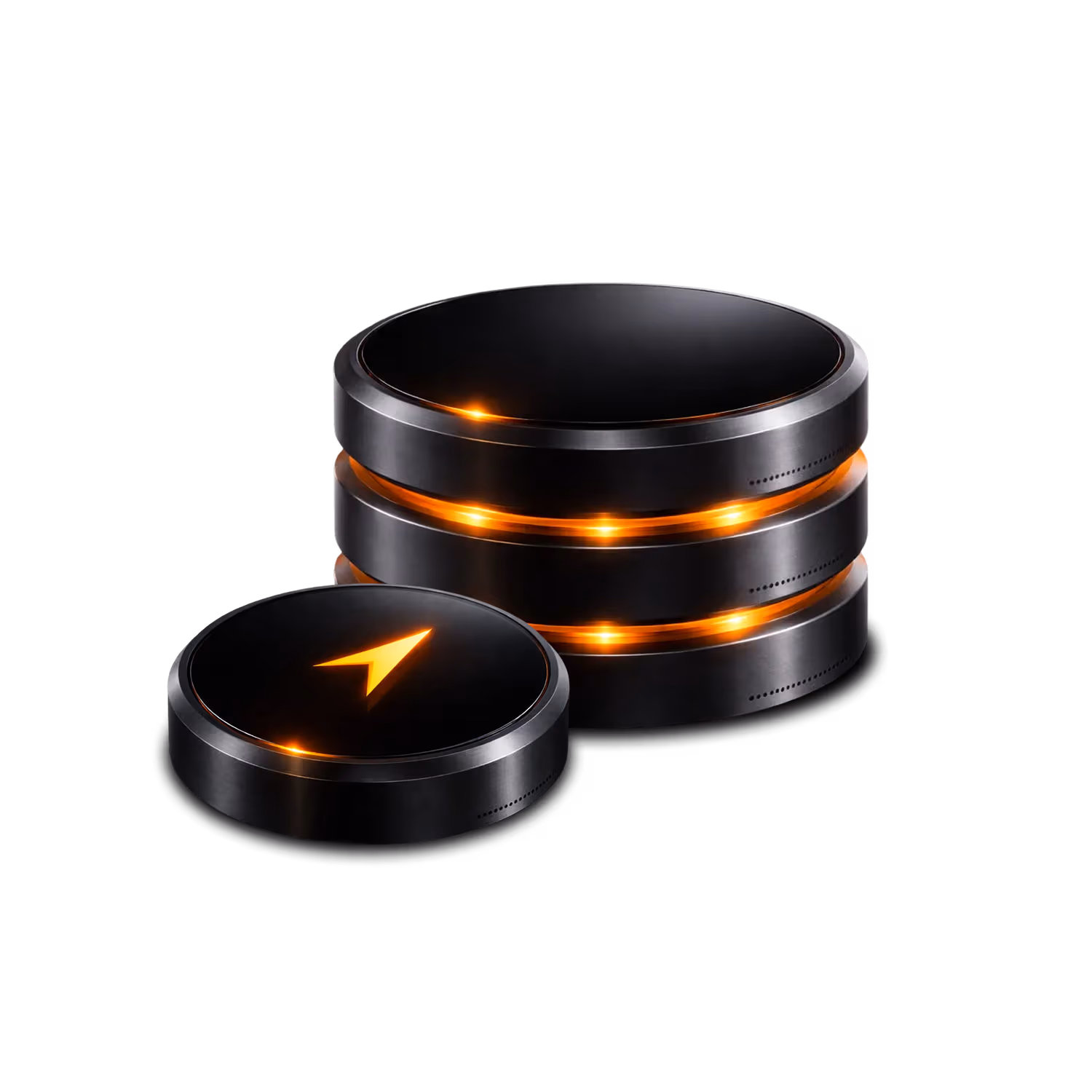 Drei gestapelte schwarze Datenspeicher mit orange leuchtenden Linien daneben eine schwarze Scheibe mit einem orangefarbenen Pfeilsymbol.