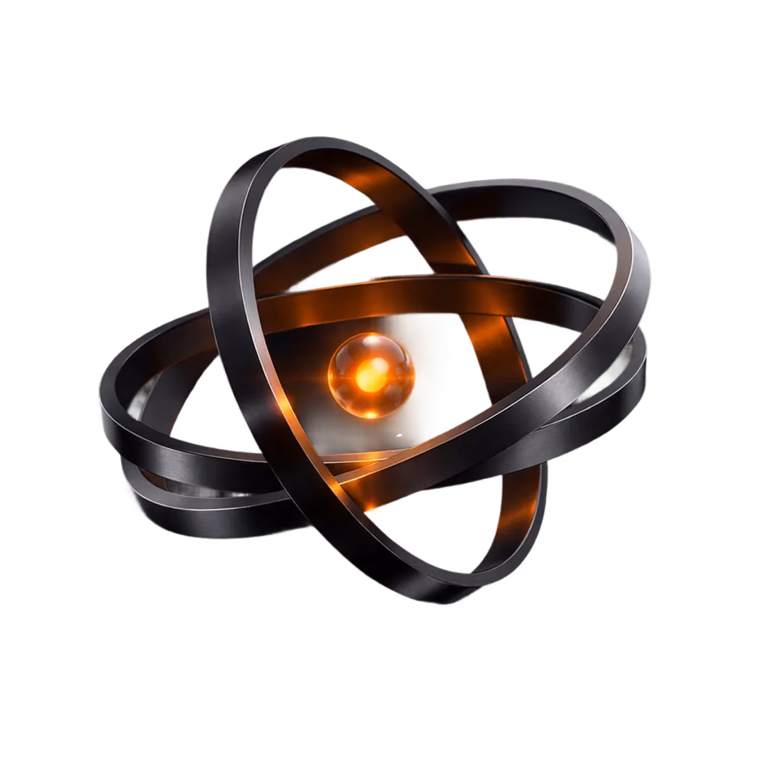Dunkle Ringe umgeben eine leuchtende orange Kugel, die ein stilisiertes Atommodell darstellt.