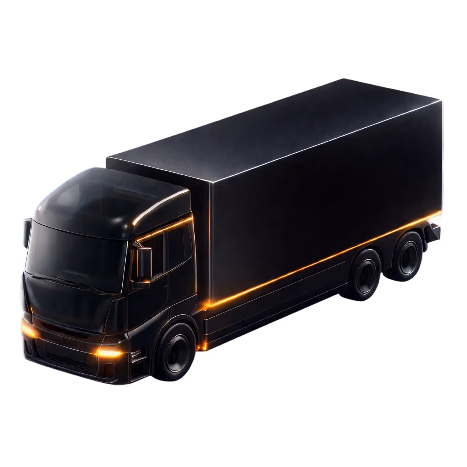 Schwarzer Lastwagen mit orangenen Leuchtdetails auf schwarzem Hintergrund.
