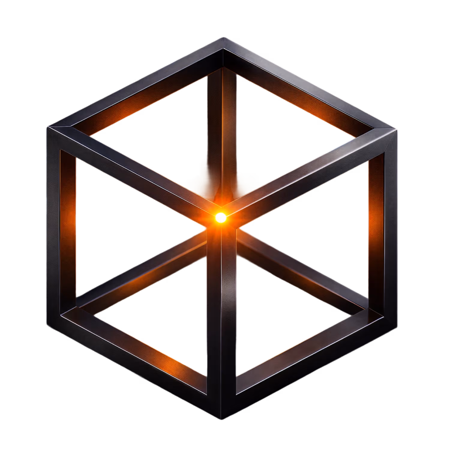 Dreidimensionaler schwarzer Würfelrahmen mit leuchtendem orangefarbenem Punkt in der Mitte, der inneren Verbindungen.