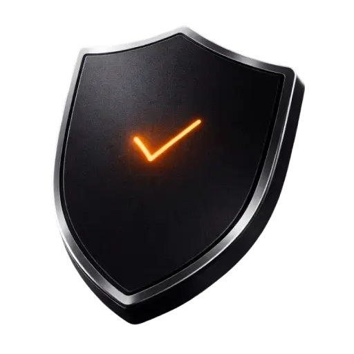 Schwarzes Schutzschild mit einem orange leuchtenden Häkchen in der Mitte.