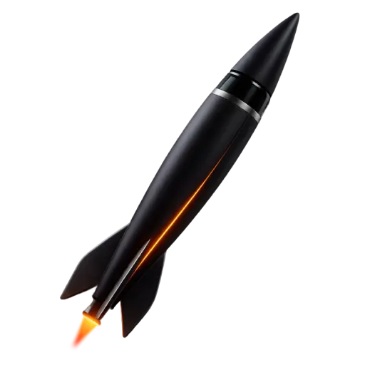 Schwarze Rakete mit leuchtend rotem und orangefarbenem Antrieb in Flugposition vor schwarzem Hintergrund.