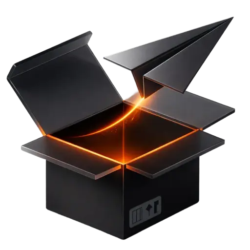 Schwarze geöffnete Box mit einem herausfliegenden schwarzen Papierflieger, verbunden durch einen orange leuchtenden Lichtstrahl.