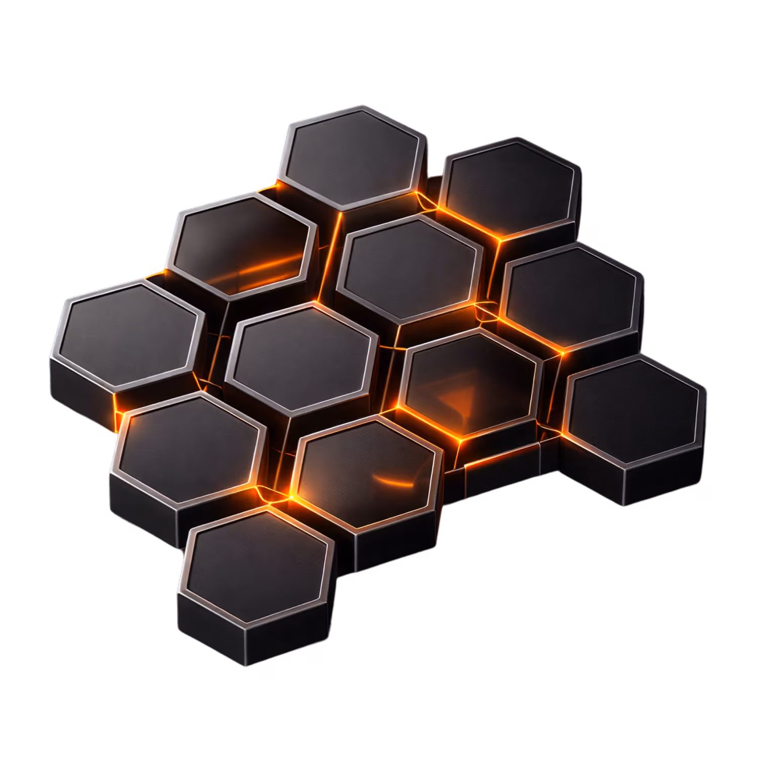 Dunkle sechseckige Blöcke mit orangeleuchtenden Kanten, die ein vernetztes Muster bilden.