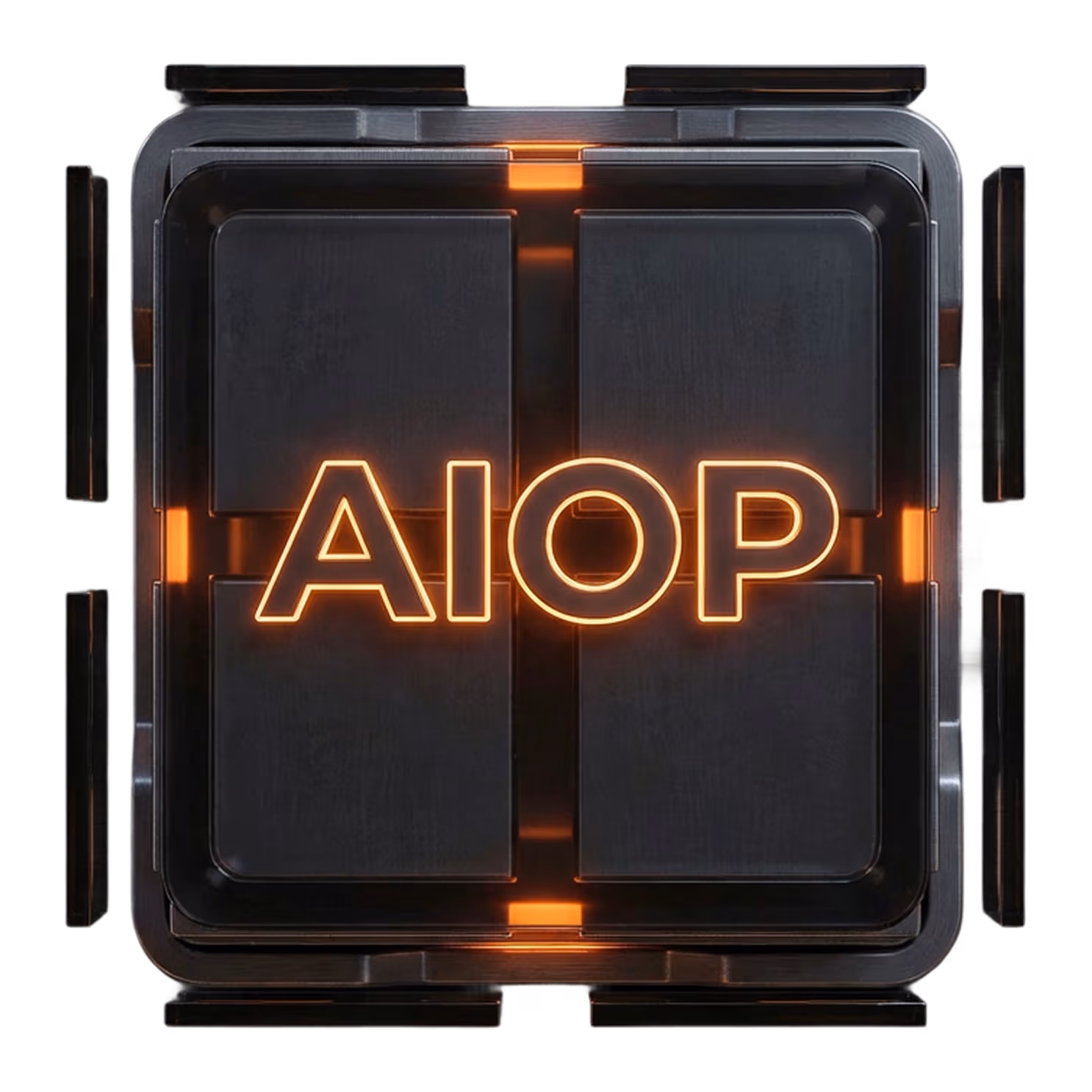 Leuchtendes orangefarbenes AIOP-Logo auf einem schwarzen quadratischen Hintergrund mit futuristischem Design.