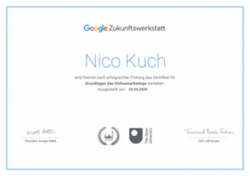 Google Zukunftswerkstatt Zertifikat