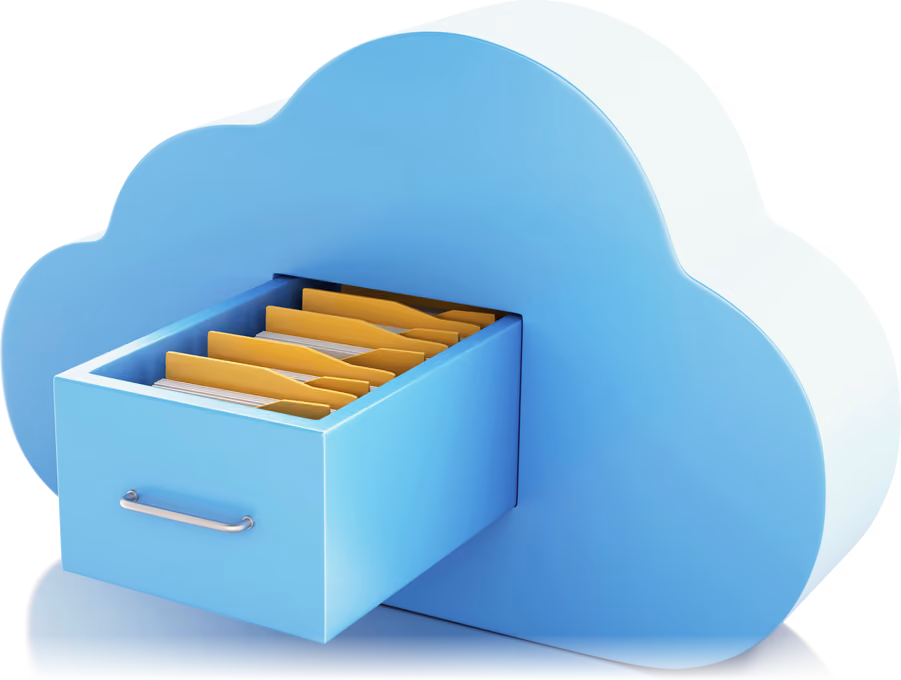 Illustration of a filing drawer full of records pulling out of a cloud, representing a school's legacy records archived in its own cloud tenant