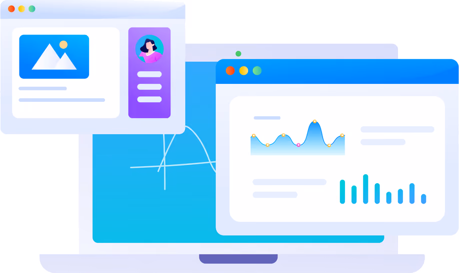 Illustration of a laptop with report windows floating in front of it, showing a trend line and a bar chart being built