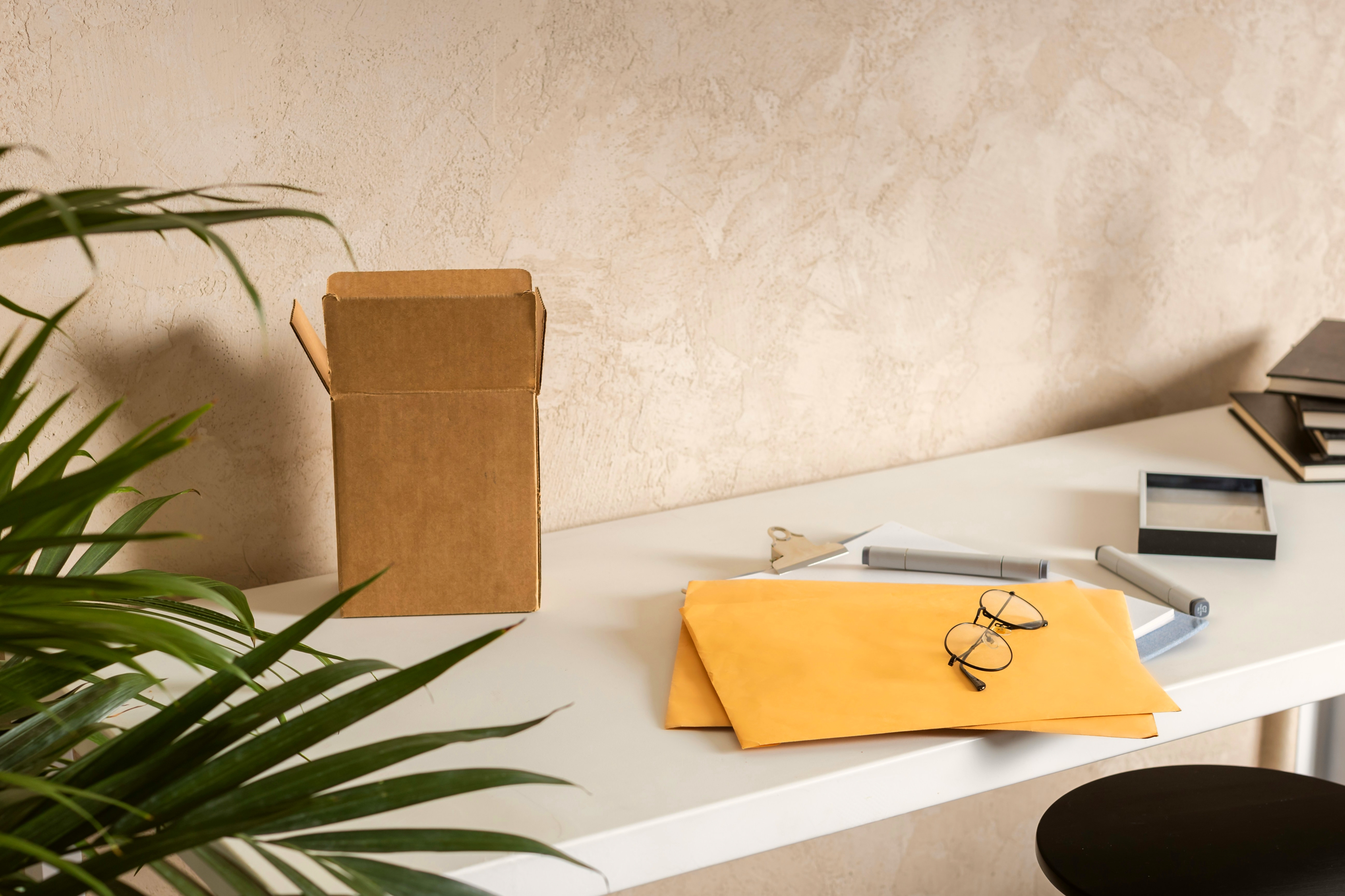 An open box on a desk.