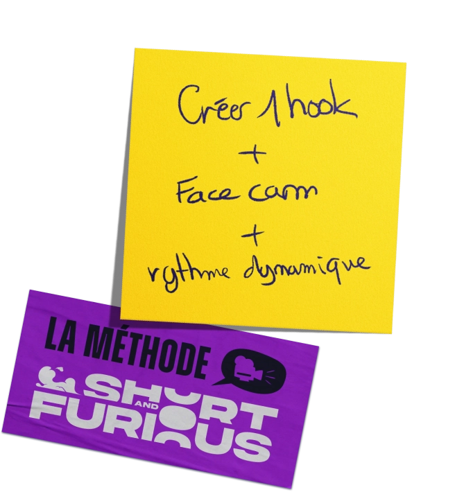 Un post-it jaune avec une écriture manuscrite en noir disant « Créer 1 hook + Face cam + rythme dynamique » au-dessus d'un rectangle violet avec le texte « LA MÉTHODE SHORT AND FURIOUS » en noir et blanc.