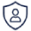 Blue security badge icon featuring a house with a shield symbol inside.