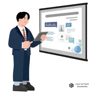 Two people observing a digital screen displaying a flowchart, data charts, and 3D cubes with a robotic arm and a glowing light bulb nearby.