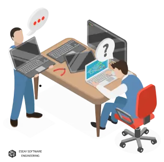 Two people observing a digital screen displaying a flowchart, data charts, and 3D cubes with a robotic arm and a glowing light bulb nearby.