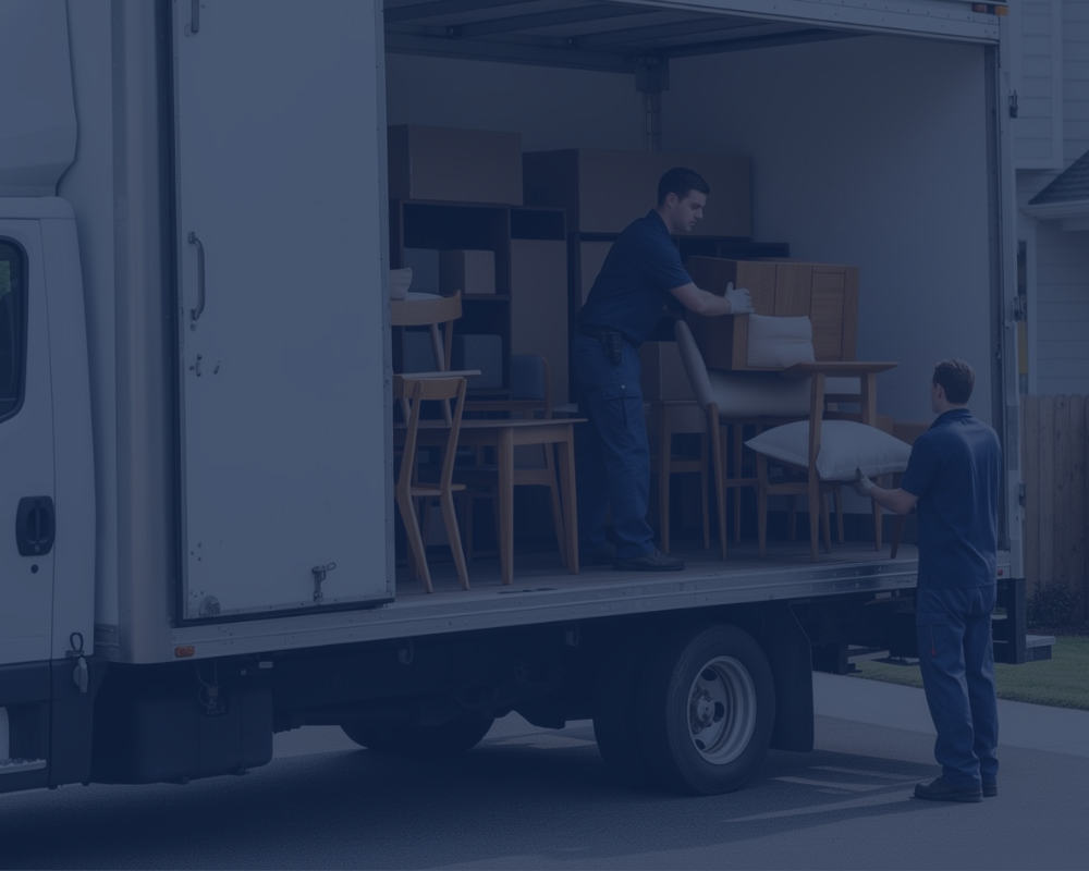 Two movers loading furniture into a white moving truck parked outside a suburban house.