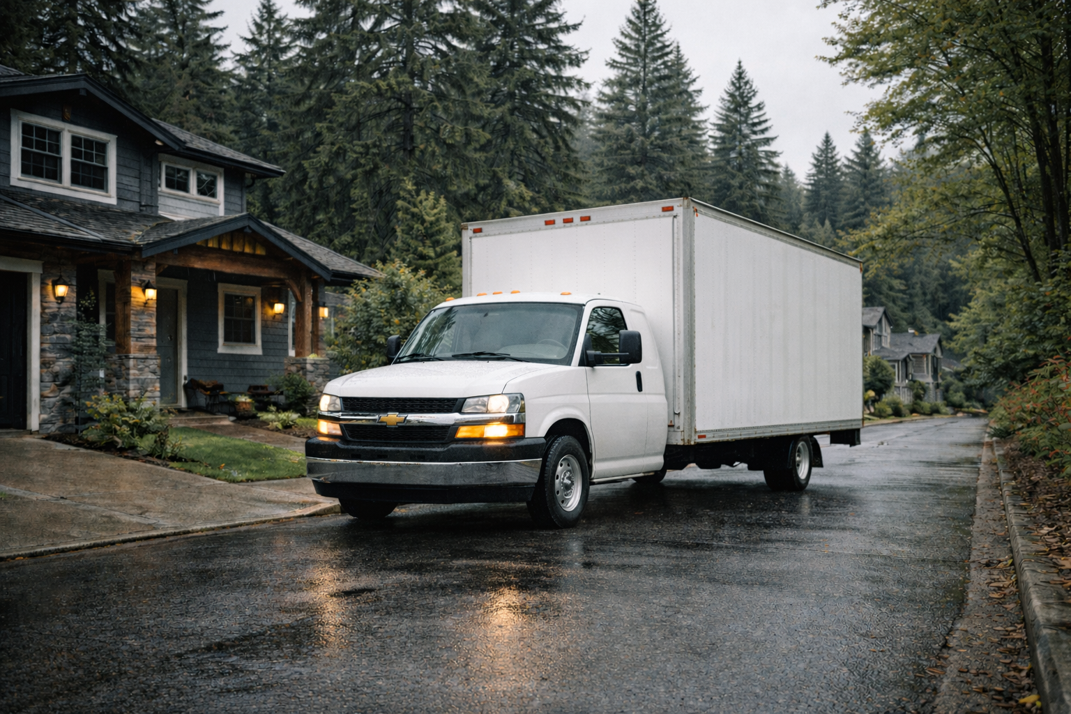 Two movers loading furniture into a white moving truck parked outside a suburban house.