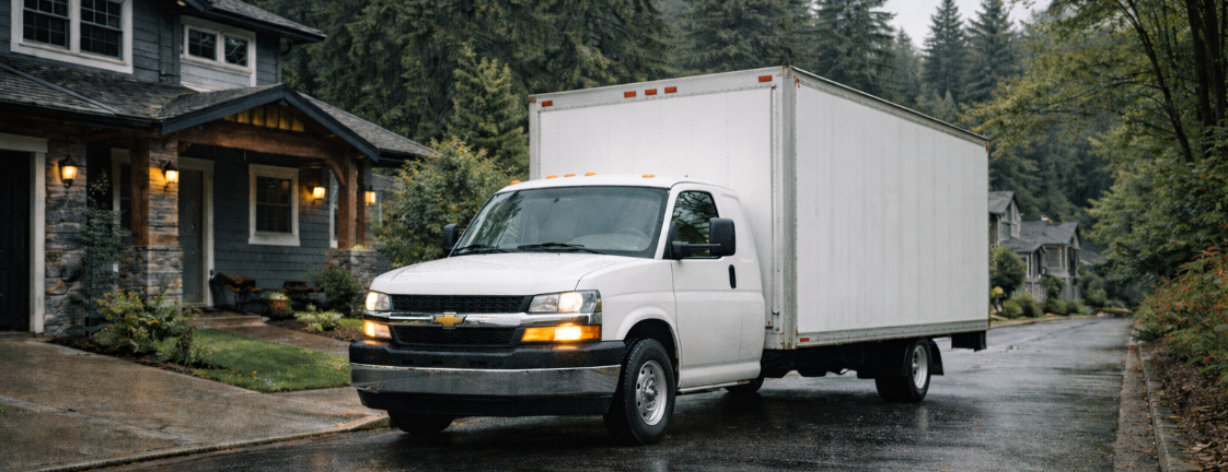 Two movers loading furniture into a white moving truck parked outside a suburban house.