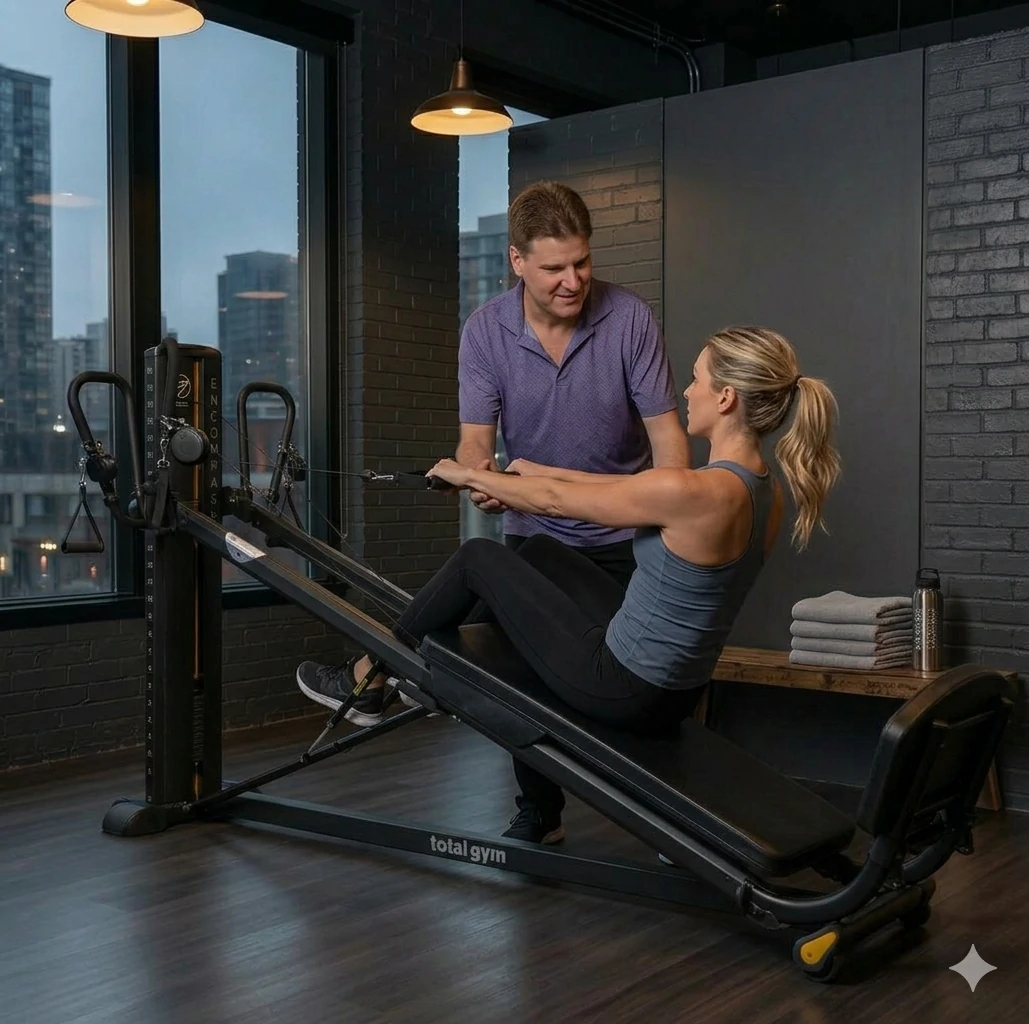Personal trainer coaching client on Gravity Training System at TSquared Vancouver