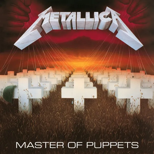 Metallica's Master of Puppets album cover featuring white crosses in a field controlled by puppet strings at sunset.