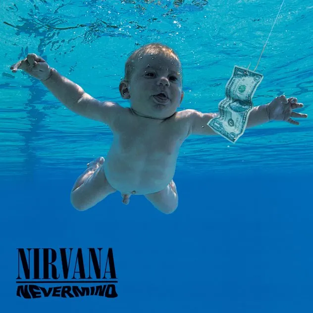 Underwater photo of a naked baby swimming toward a dollar bill on a fishhook with Nirvana Nevermind logo in the bottom left corner.