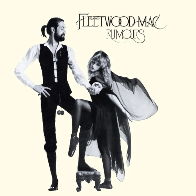 Fleetwood Mac Rumours album cover featuring a man with a ponytail and vest holding hands with a woman in a flowing black dress.