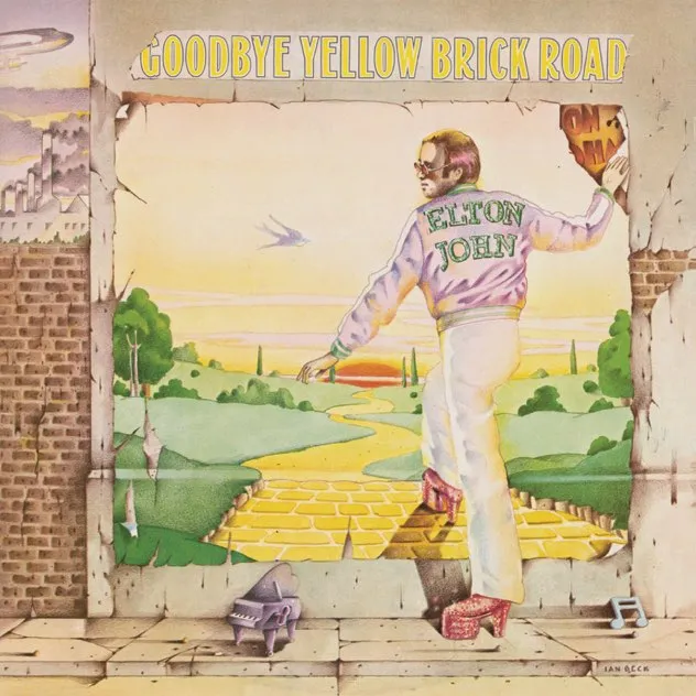 Illustration of Elton John wearing white pants and a jacket with his name, walking on a yellow brick road breaking through a brick wall at sunset.