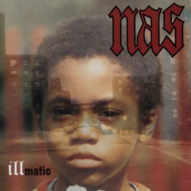 Album cover featuring a close-up of a young boy's serious face with a cityscape reflection and the text 'nas' and 'illmatic'.