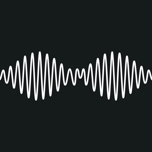White stylized sound wave pattern on a black background.