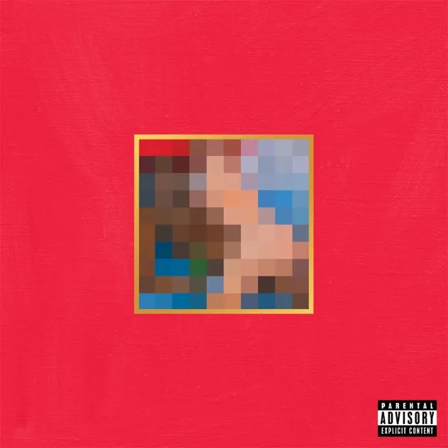 Album cover with a pixelated square image centered on a red background and a parental advisory label in the bottom right corner.