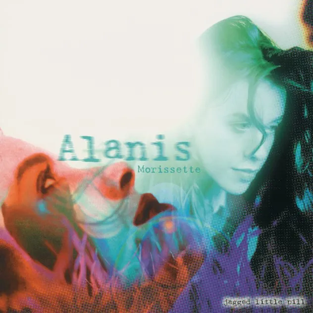 Album cover of Alanis Morissette's 'Jagged Little Pill' featuring a stylized double exposure of her face with blue, red, and purple hues.
