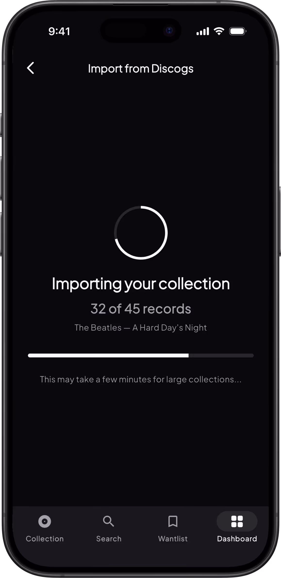 Mobile screen showing progress of importing 32 of 45 records from Discogs collection, with a loading circle and progress bar.