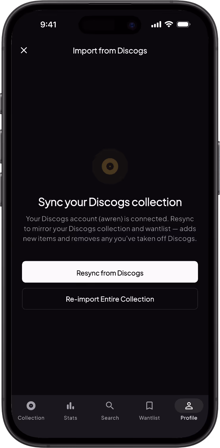 Mobile screen showing progress of importing 32 of 45 records from Discogs collection, with a loading circle and progress bar.