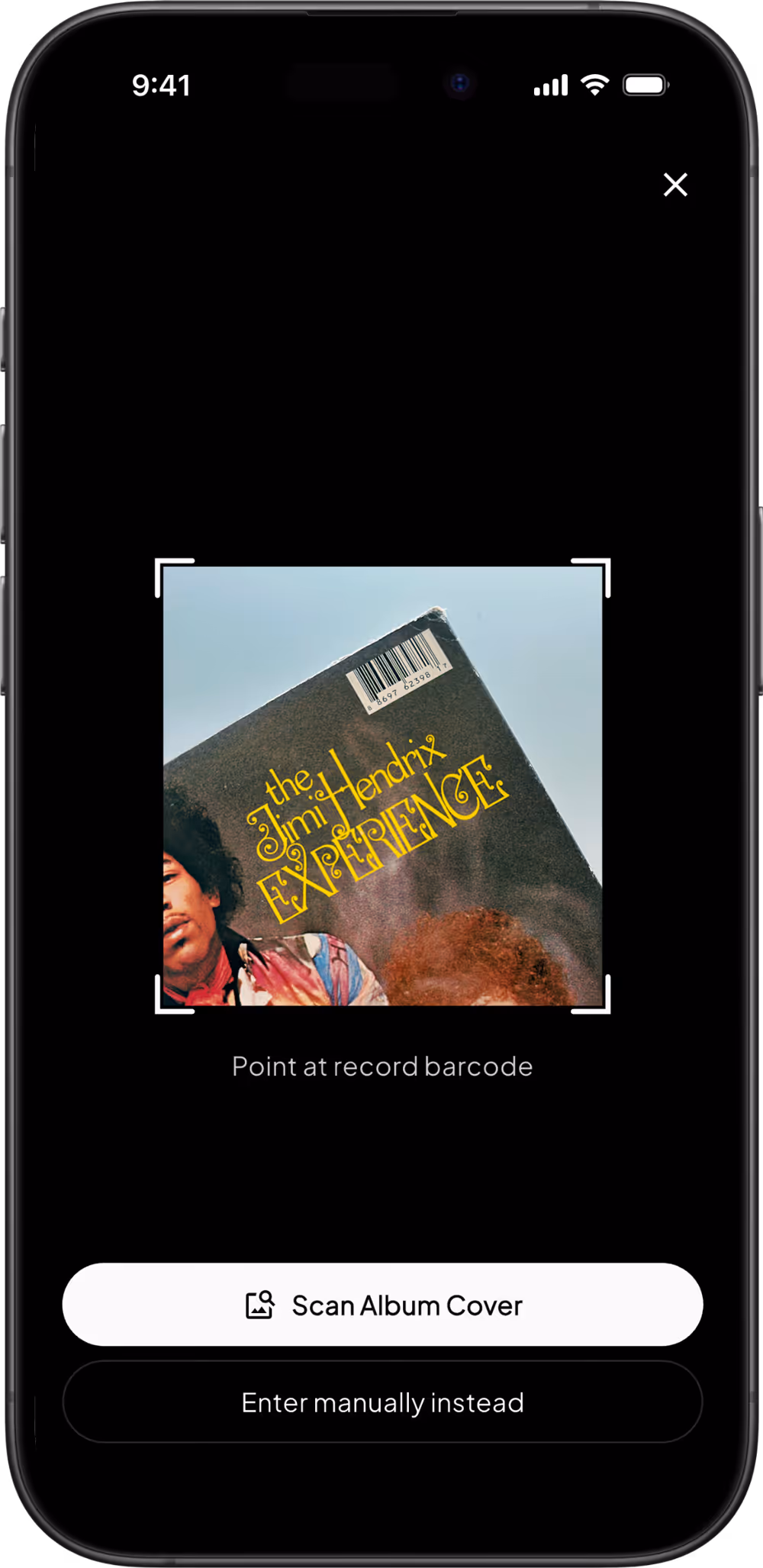 Smartphone screen showing an album cover scanner focused on The Jimi Hendrix Experience record with a barcode, with buttons to scan cover or enter manually.