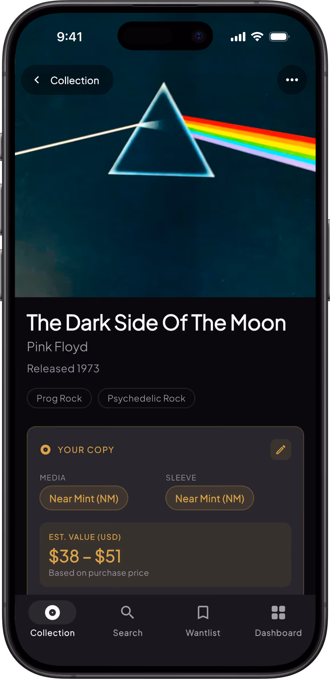 Mobile screen showing Pink Floyd's The Dark Side Of The Moon album details with genre tags and estimated value between $38 and $51.