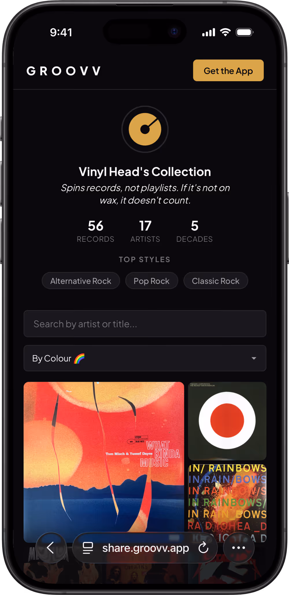 Mobile screen showing GROOVV app displaying Vinyl Head's Collection with 56 records, 17 artists, and 5 decades, filterable by top styles and color.