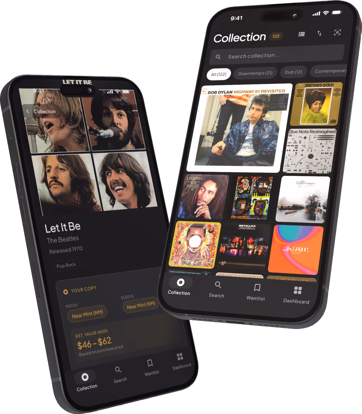 Two smartphones displaying a music collection app with album covers and details for The Beatles’ 'Let It Be' album.