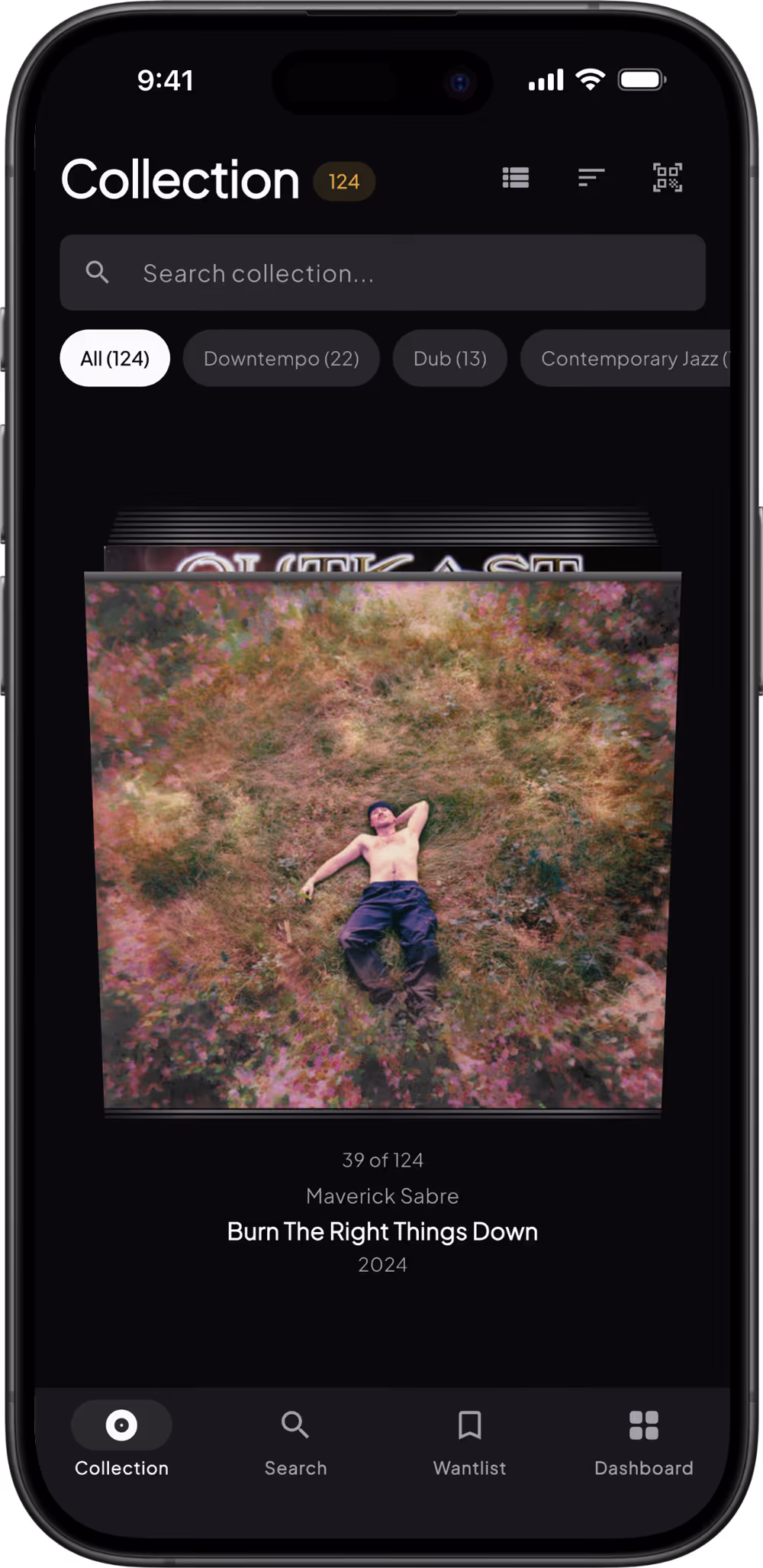 Mobile app screen showing music collection with album 'Burn The Right Things Down' by Maverick Sabre, featuring a shirtless man lying on grass with flowers.