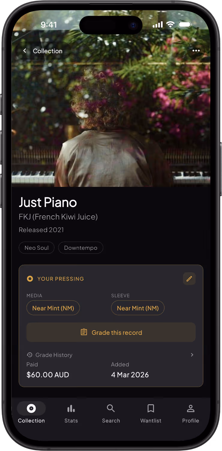 Mobile app screen showing vinyl record details for the album 'Just Piano' by FKJ with media and sleeve condition as Near Mint, priced at $60 AUD, added on 4 March 2026.