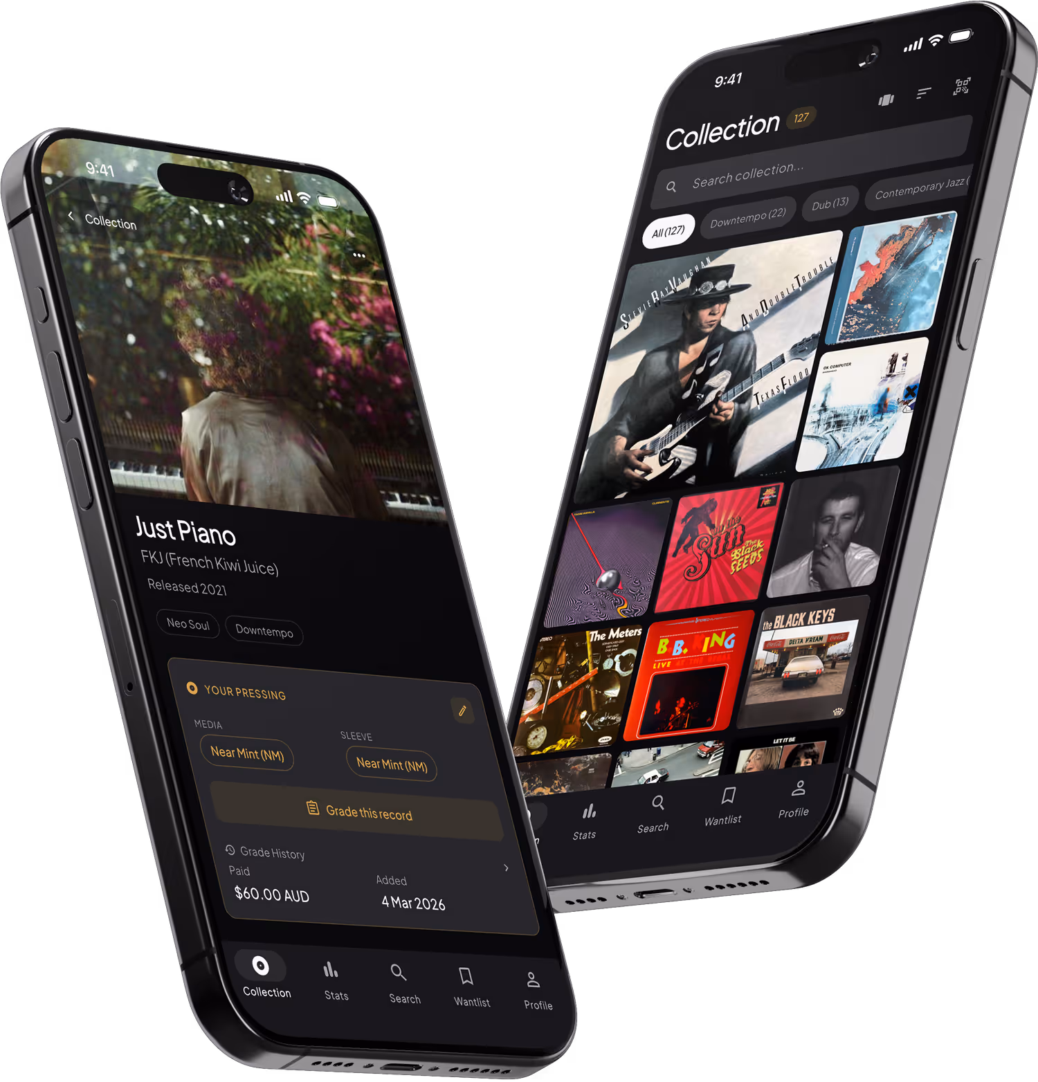 Groovv Vinyl Collection App, two smart phones showing screenshots from the app - A collection home screen view, and a vinyl item page.