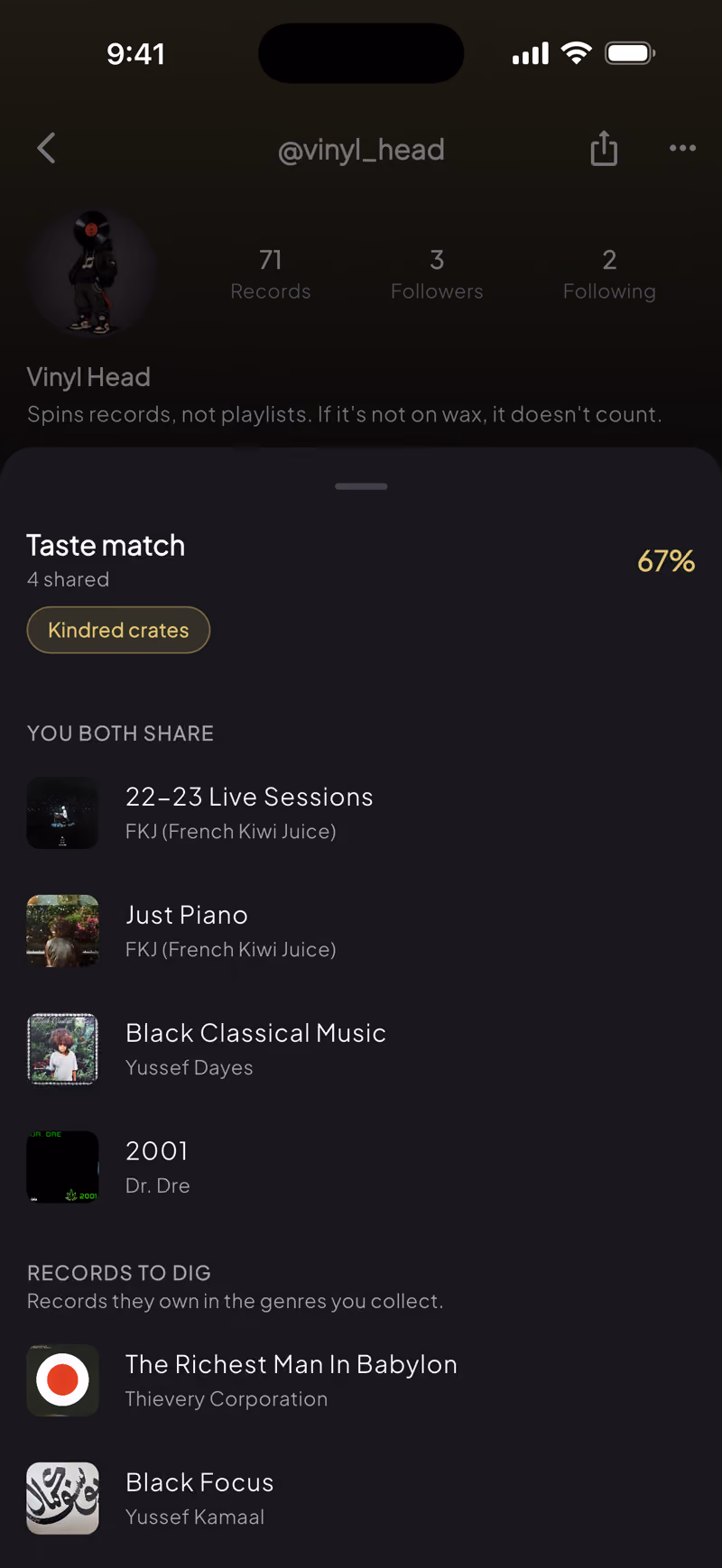 Groovv Vinyl Collection app profile of Vinyl Head showing 67% taste match with shared albums and records to dig listed.