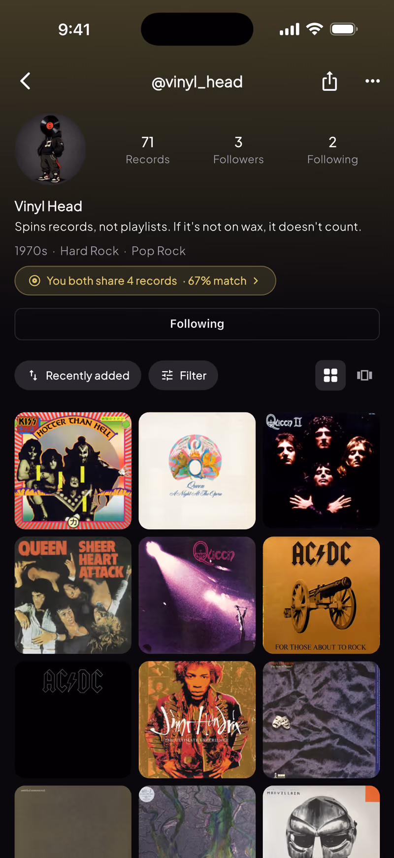 Music profile @vinyl_head with 71 records, 3 followers, featuring rock albums from Kiss, Queen, AC/DC, Jimi Hendrix.